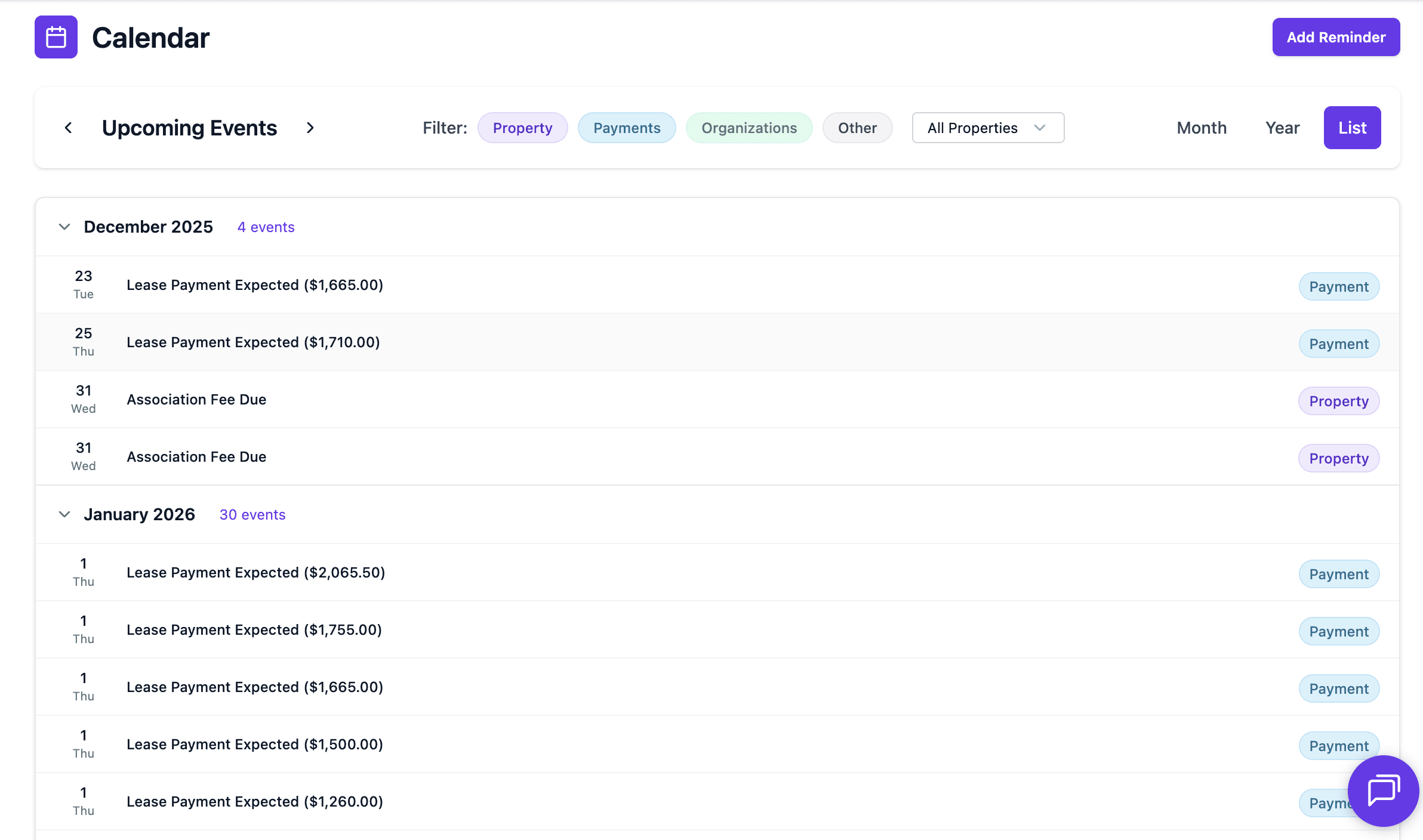 Lease renewal tracking software showing calendar list view with deadline reminders for rental properties